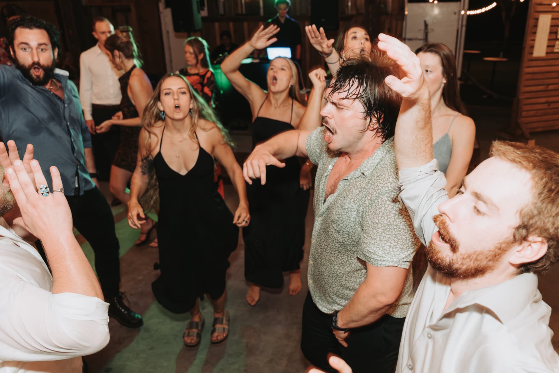 Guests singing and dancing with hands in the air